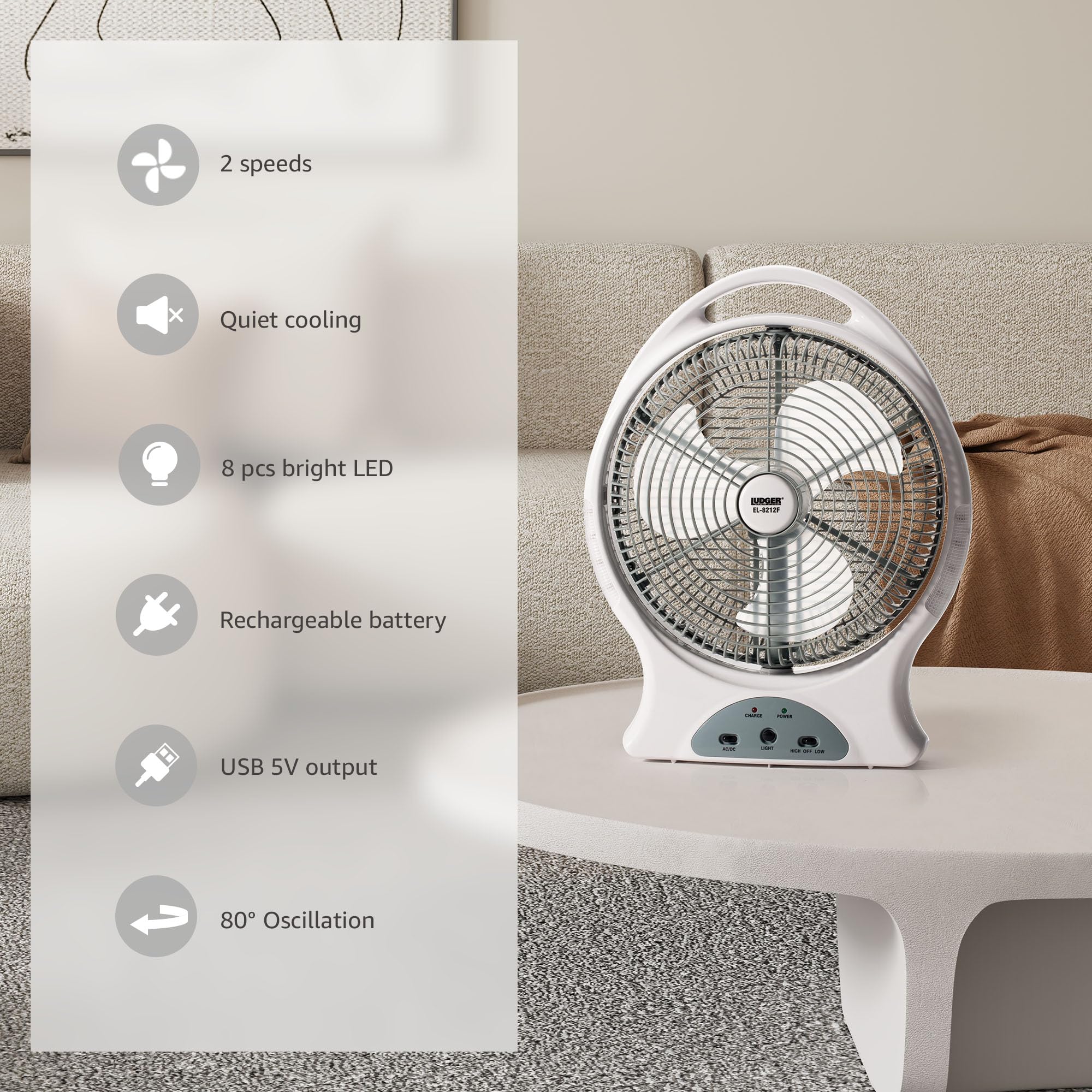 12" Rechargeable Fan AC/DC 110-240 Volts USB 5V LED 110-240 Volts EL8212F - Image 4