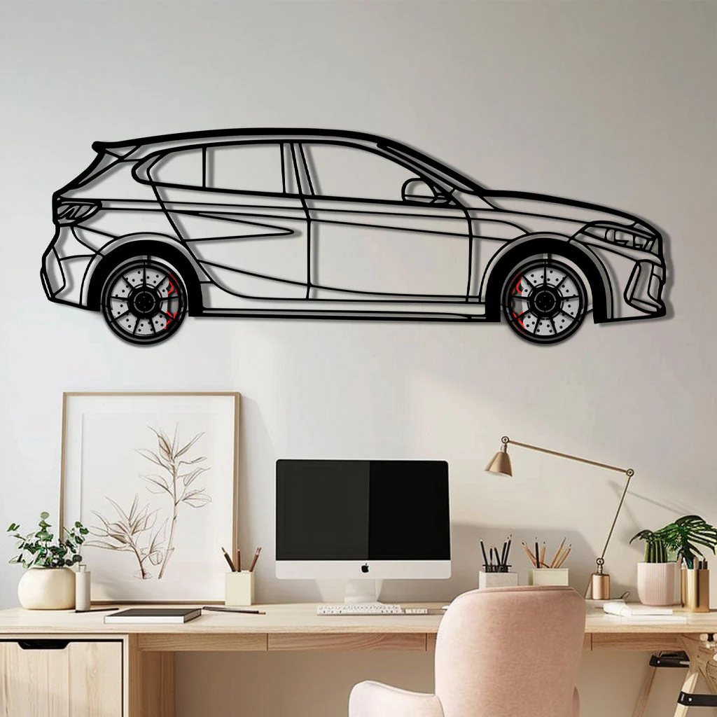 BMW 135i F40 Metal Car Wall Art with Rotating Wheels - M Performance Hatchback Silhouette - Interactive Automotive Decor - KAFMEKA102