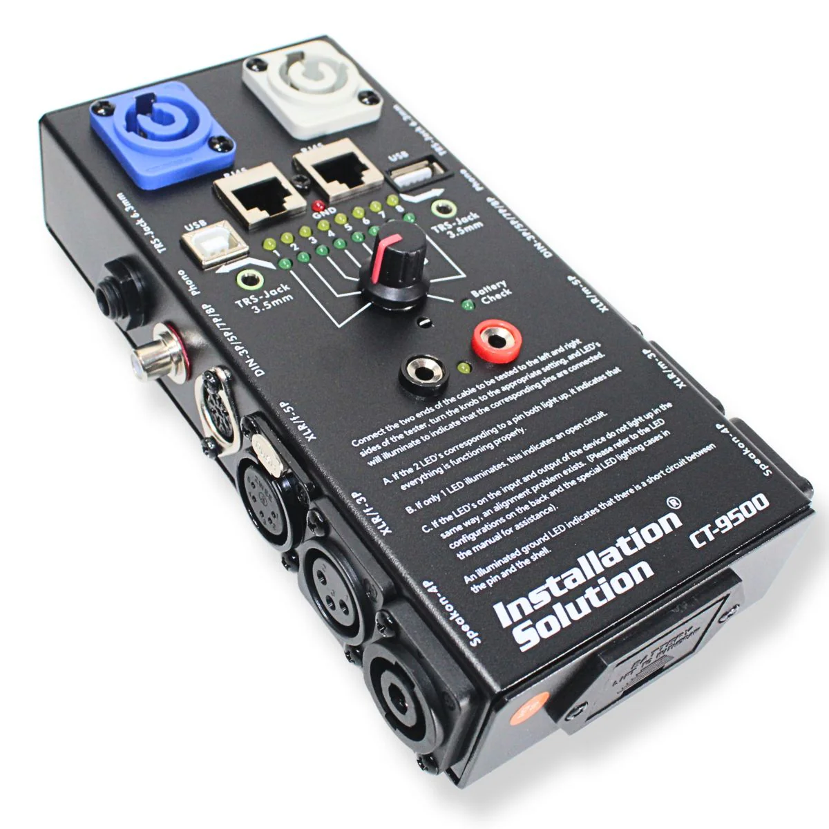 CT-9500 Universal Cable Tester for XLR, TRS, RCA, RJ45, USB, and SpeakON Cables