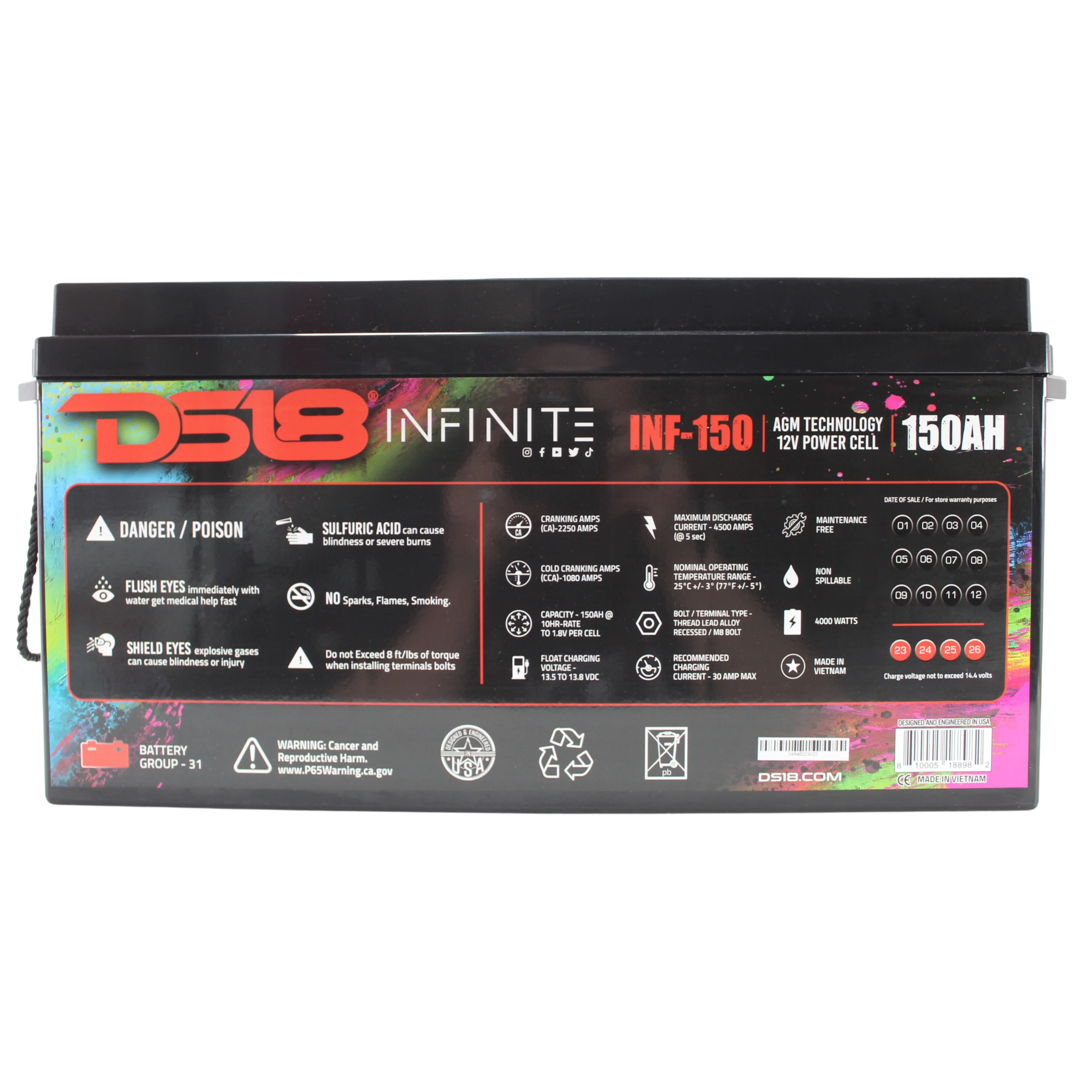 DS18 12 Volt Battery INFINITE 150AH 4000 Watt AGM Power Cell INF-150 - Image 3