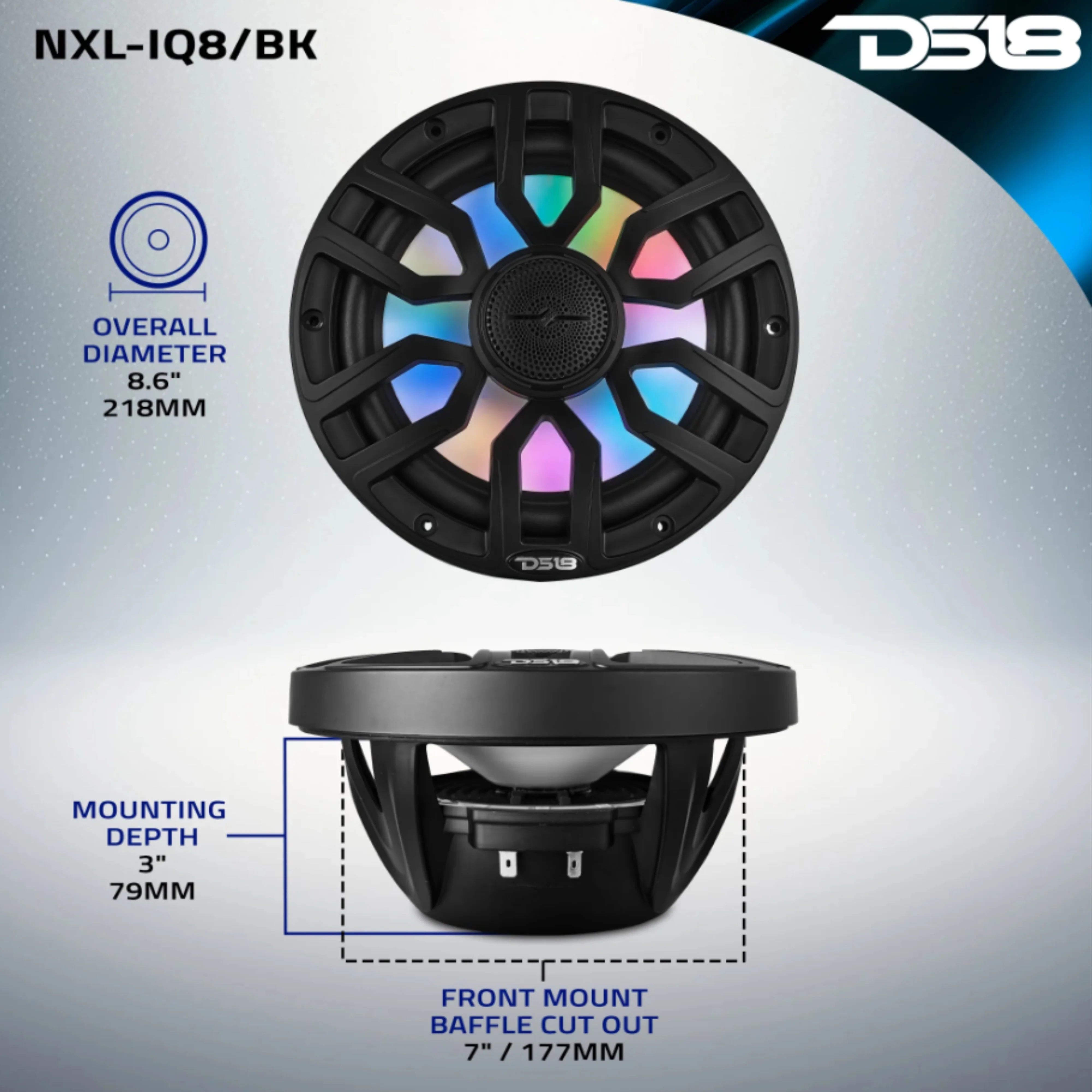 DS18 8" 2-Way 175 Watt RMS 4-Ohm RGB LED Coaxial Marine Speaker Black NXL-IQ8-BK - Image 9