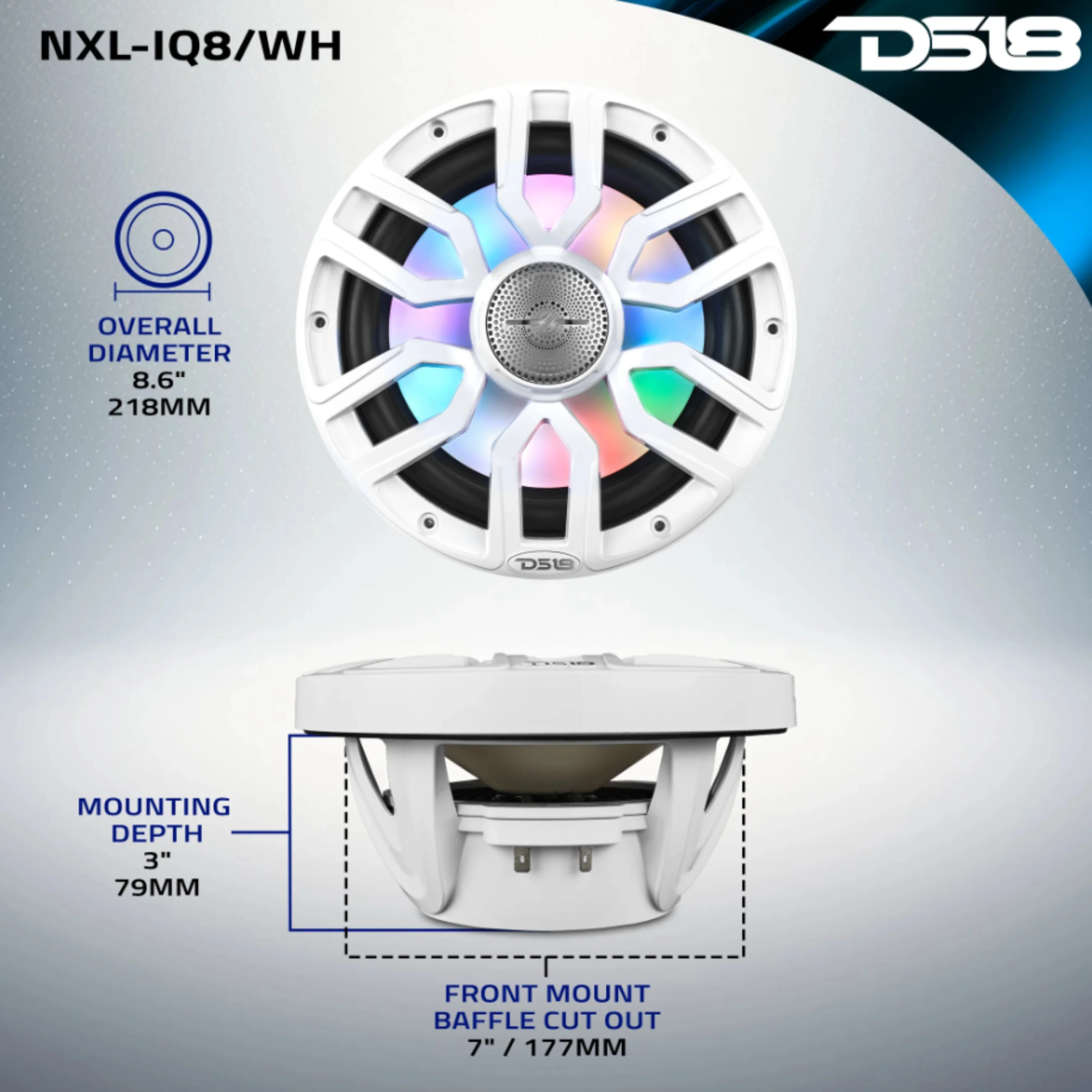 DS18 8" 2-Way 175 Watt RMS 4-Ohm RGB LED Coaxial Marine Speaker White NXL-IQ8-WH - Image 9
