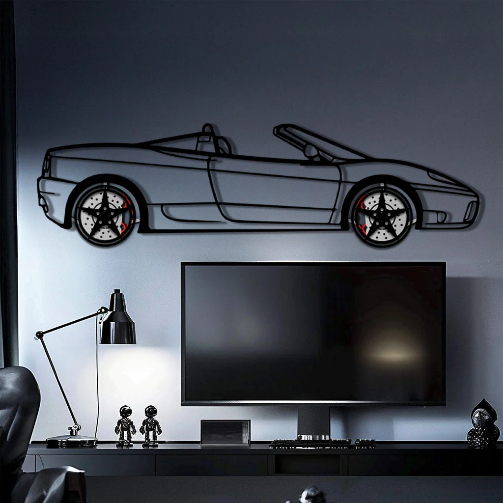 Ferrari 360 Spider Metal Car Wall Art with Rotating Wheels - Italian Convertible Supercar Silhouette - Interactive Automotive Wall Decor - KAFMEKA123 - Image 2