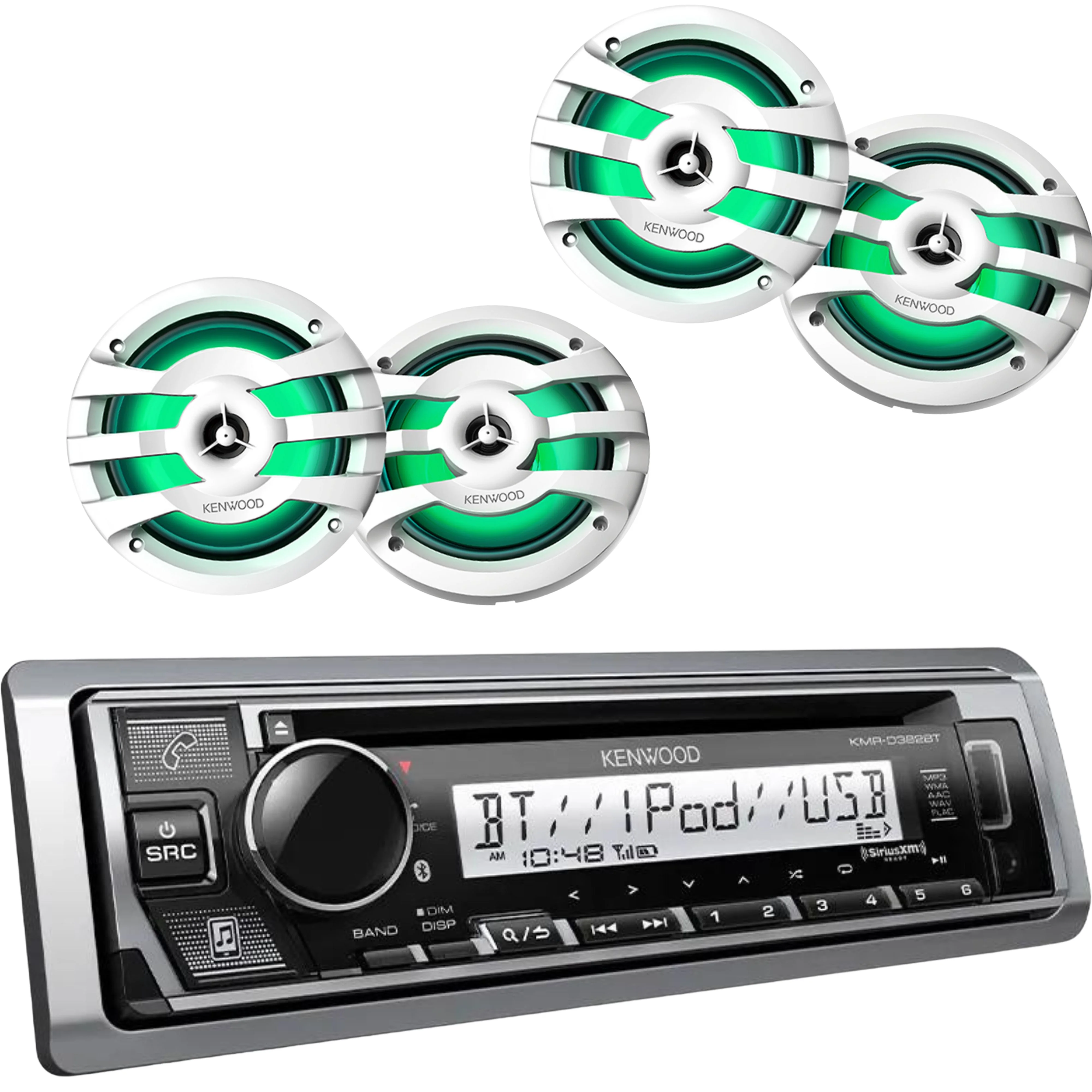 Kenwood Marine Bluetooth Single DIN CD Receiver W/ 2 Pair of 6.5" LED Speakers