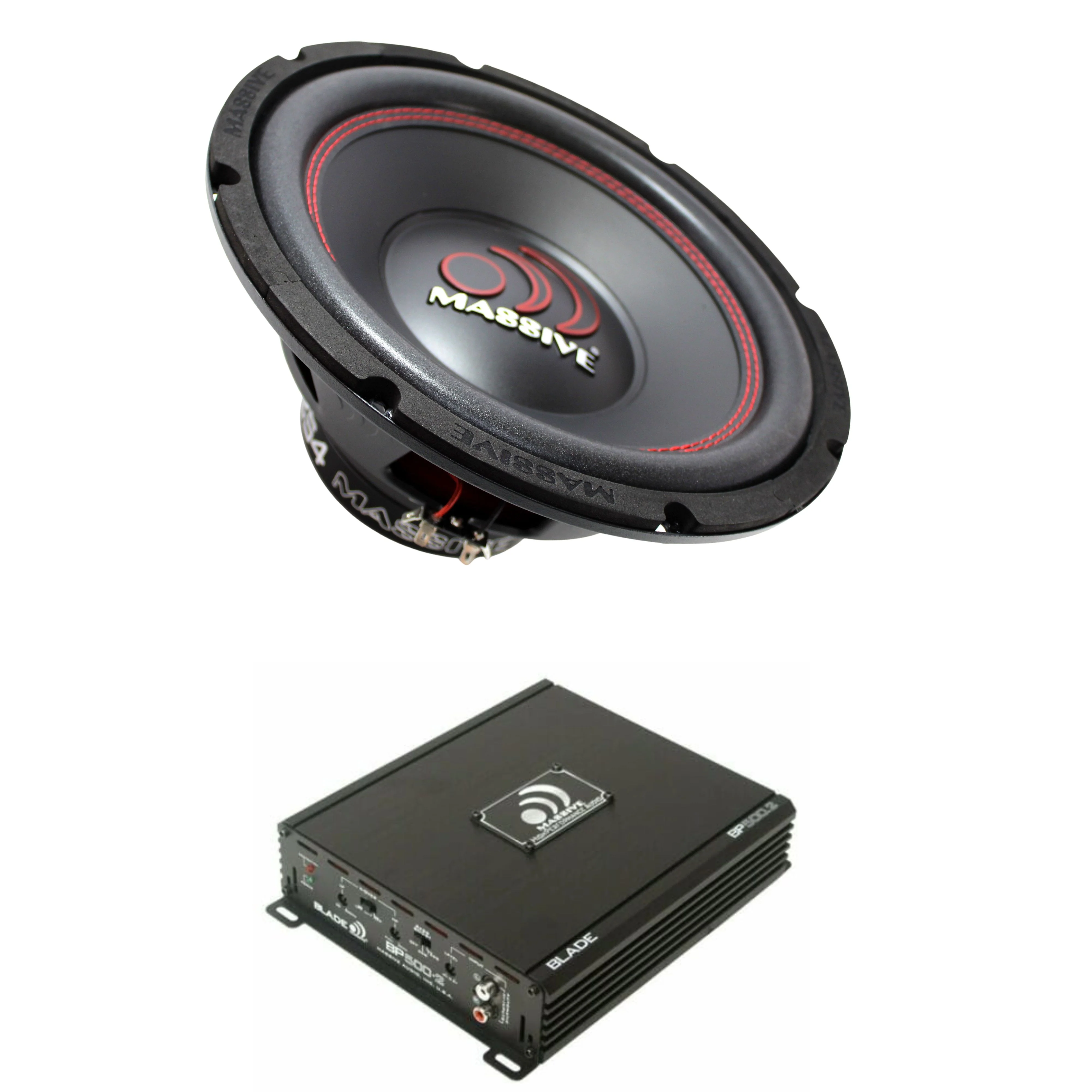 Massive Audio 12" 500W 4 Ohm Subwoofer ECO12S4 + 2 Channel Amplifier Package