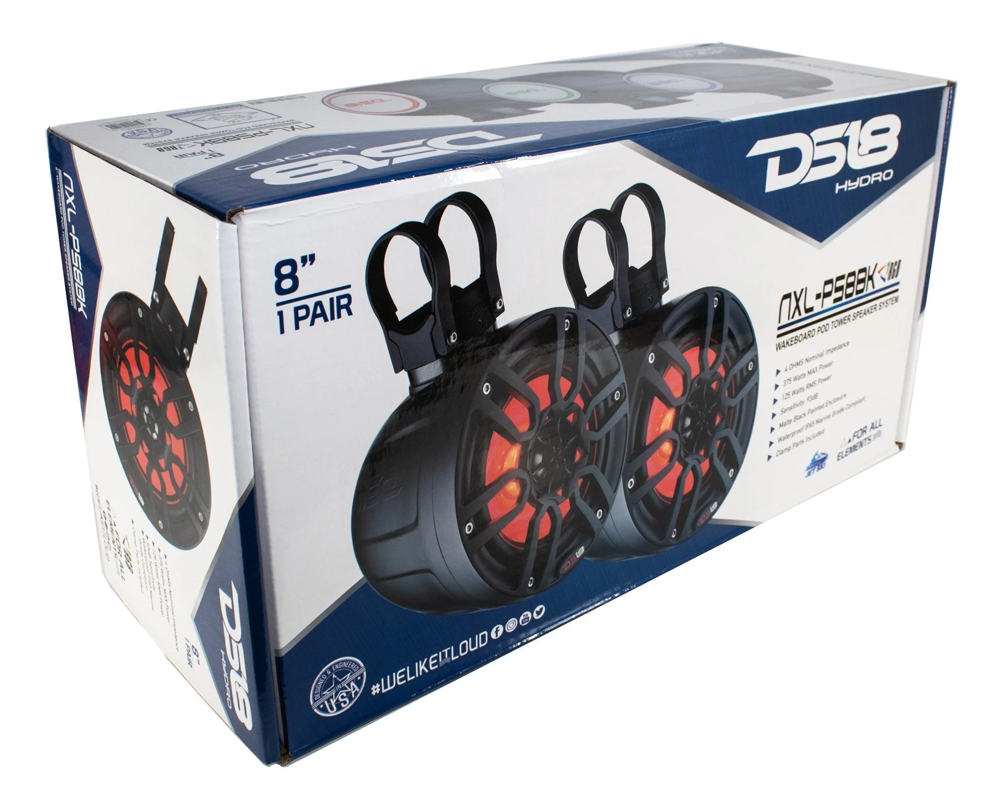 DS18 8" 375W Marine Pod Pair of Black Speakers with Integrated LED NXL-PS8BK - Image 6